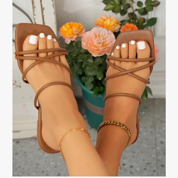 Open Toe Slide Sandals in Tan - Picture 2 of 5